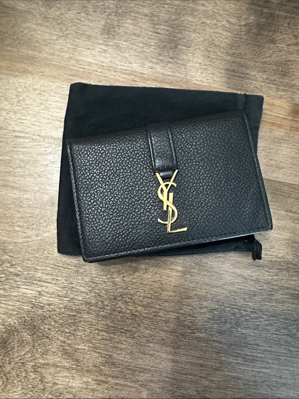 Saint Laurent Black Pebbled Leather Card Wallet with Gold YSL Monogram